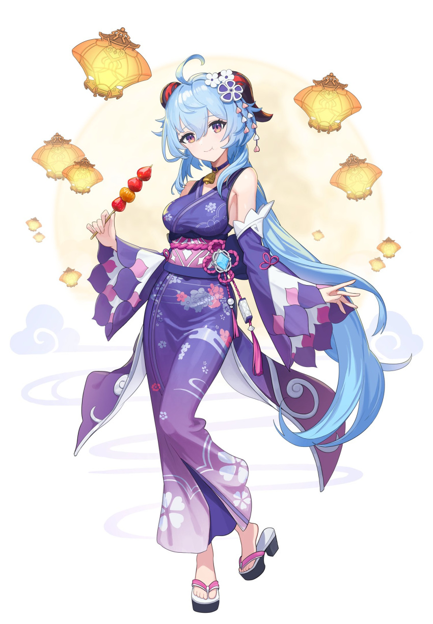 adapted_costume ahoge bare_shoulders bell blue_hair breasts candy_apple detached_sleeves female food food_in_mouth full_body ganyu_(genshin_impact) genshin_impact hair_ornament highres holding holding_food horns japanese_clothes kimono kkumang lantern long_hair looking_at_viewer low_ponytail medium_breasts neck_bell paper_lantern purple_eyes purple_kimono purple_sleeves sidelocks smile solo standing tachi-e vision_(genshin_impact) yukata