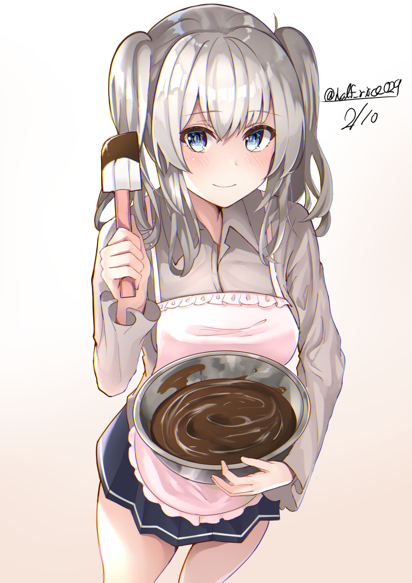 absurdres bad_id bad_pixiv_id black_skirt blue_eyes breasts chocolate dated female gradient_background graphite_(medium) grey_hair hair_between_eyes highres kantai_collection kashima_(kancolle) large_breasts long_hair long_sleeves looking_at_viewer miniskirt mixing_bowl pleated_skirt shiina_aoi sidelocks skirt smile spatula traditional_media twintails twitter_username valentine wavy_hair