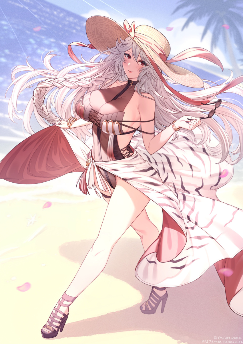 bare_shoulders beach between_breasts blush bracelet braid breasts cleavage commentary day female floating_hair full_body gladiator_sandals granblue_fantasy hair_spread_out hat hat_ribbon high_heels highres holding holding_removed_eyewear jewelry large_breasts long_hair looking_at_viewer magisa_(granblue_fantasy) magisa_(summer)_granblue_fantasy official_alternate_costume outdoors palm_tree red_eyes ribbon sandals sarong see-through see-through_cleavage smile solo straw_hat sunglasses sunlight thigh_strap thighs tree unworn_eyewear very_long_hair walking water white_hair yellowpaint.