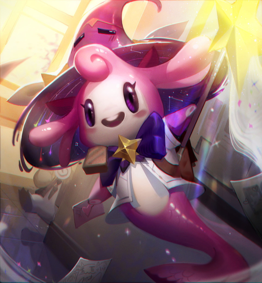 :d blue_bow blue_bowtie bow bowtie envelope hat highres holding holding_envelope holding_staff indoors jacket league_of_legends little_legend looking_at_viewer mermaid monster_girl no_humans pink_headwear purple_eyes smile staff star_(symbol) star_guardian_(league_of_legends) star_guardian_pet teeth upper_teeth_only vincent_t_(oriaarts) walking white_jacket witch_hat