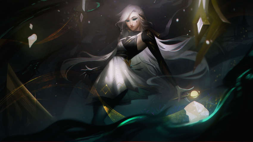 absurdres alternate_costume armpits black_dress black_eyes black_pantyhose black_sleeves breasts closed_mouth detached_sleeves dress facial_tattoo feet_out_of_frame female grey_dress grey_hair highres holding league_of_legends long_hair looking_at_viewer medium_breasts pantyhose sentinel_(league_of_legends) seraphine_(league_of_legends) solo tattoo vincent_t_(oriaarts)