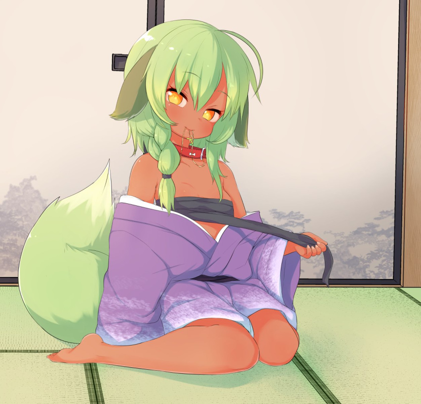 animal_ears bangs bare_shoulders barefoot blush braid breasts budget_sarashi closed_mouth collar collarbone commentary_request dark_skin dog_collar dog_ears dog_girl dog_tail done_(donezumi) ears_down eyebrows_visible_through_hair female green_hair hair_between_eyes head_tilt highres indoors japanese_clothes kimono large_tail long_hair long_sleeves looking_at_viewer off_shoulder on_floor open_clothes open_kimono orange_eyes original purple_kimono red_collar sarashi sitting sliding_doors small_breasts solo tail tatami titi-chan_(nezumi_inu) wariza wide_sleeves