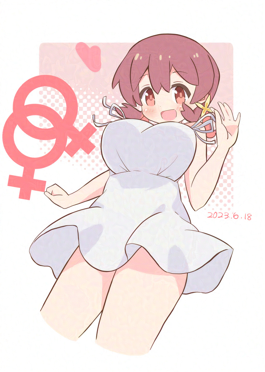 :d absurdres bad_id bad_pixiv_id bare_arms bare_legs breasts commentary dated dot_nose dress female heart highres interlocked_venus_symbols large_breasts light_blush long_hair looking_at_viewer low_twintails murosaki_miyo onii-chan_wa_oshimai! open_mouth pon_sugar red_eyes red_hair simple_background sleeveless sleeveless_dress smile solo sundress twintails venus_symbol white_dress