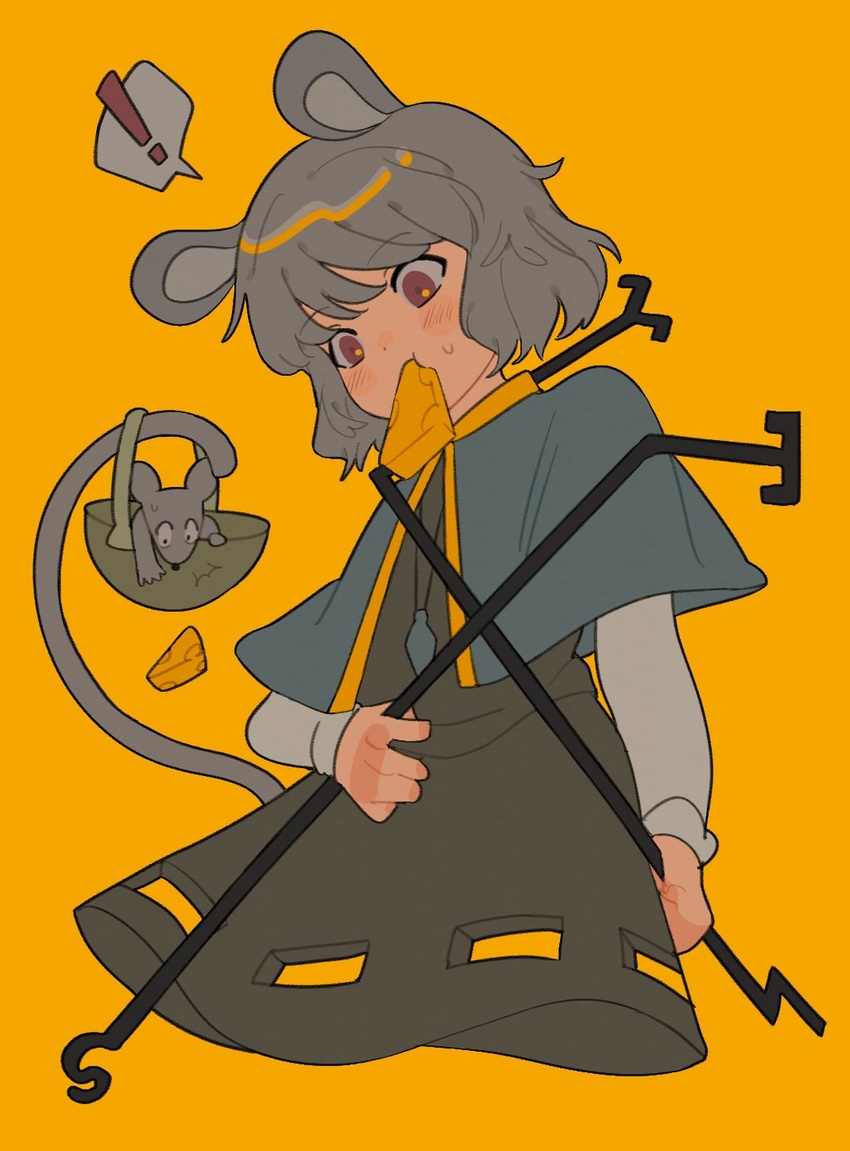 ! animal_ears basket biting capelet cheese dress eating female food grey_dress grey_hair highres jewelry korean_commentary mouse_(animal) mouse_ears nazrin pendant rbfnrbf_(mandarin) red_eyes short_hair simple_background speech_bubble sweatdrop tail touhou yellow_background