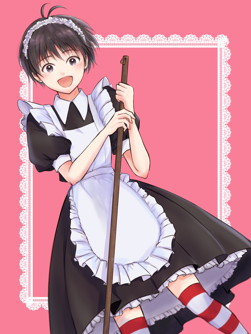 :d antenna_hair apron black_hair broom dutch_angle female highres idolmaster idolmaster_(classic) iso_(nh15mint) kikuchi_makoto maid maid_apron maid_headdress open_mouth purple_eyes short_hair smile solo