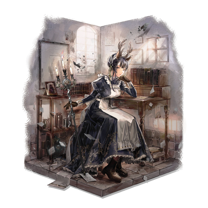 animal_ears antlers apron arknights black_dress black_footwear black_gloves black_hair bonnet book boots breasts candlestand deer_ears desk dress female full_body gloves grey_eyes hand_up highres holding horns indoors juliet_sleeves long_hair long_sleeves looking_at_viewer maid maid_apron medium_breasts official_art puffy_sleeves sitting solo transparent_background tsukinogi_(arknights) tsukinogi_(londinium_style_miko)_(arknights) ueno_zousui white_apron window