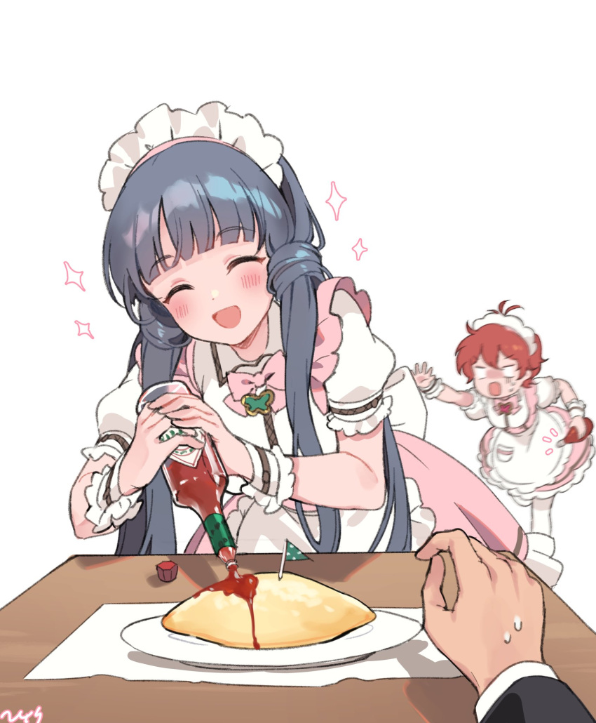 1boy 2girls apron blue_hair bow bowtie closed_eyes dark_blue_hair dress facing_viewer food frills happy highres idolmaster idolmaster_million_live! idolmaster_million_live!_theater_days julia_(idolmaster) ketchup ketchup_bottle kitakami_reika long_hair maid_headdress multiple_girls nys official_alternate_costume omelet omurice open_mouth pov pretty_waitress_(idolmaster) short_sleeves simple_background smile sweatdrop tabasco white_apron white_background you're_doing_it_wrong