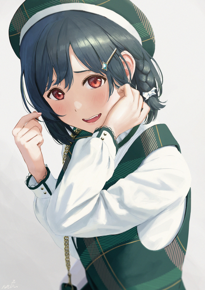 bad_id bad_pixiv_id bag beret blush braid commentary_request dark_green_hair female green_hat green_vest hair_ornament hair_ribbon hairclip hands_up hat highres long_sleeves looking_at_viewer love_live! love_live!_nijigasaki_high_school_idol_club love_live!_school_idol_festival_all_stars mifune_shioriko oerba_yun_fang open_mouth papi_(papiron100) plaid plaid_headwear plaid_vest red_eyes ribbon shirt short_hair shoulder_bag single_braid smile solo teeth upper_body upper_teeth_only vest white_ribbon white_shirt