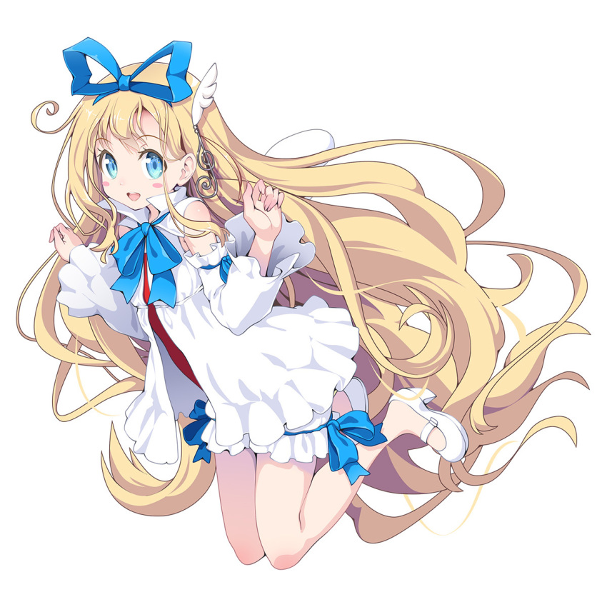 angel blonde_hair blue_eyes blush_stickers bridal_garter cosplay detached_sleeves disgaea female flonne flonne_(cosplay) full_body hair_ornament hair_ribbon highres long_hair mary_janes musical_note musical_note_hair_ornament non-web_source official_art open_mouth popped_collar ribbon shoes simple_background solo sonata venus_eleven_vivid! very_long_hair w_arms white_background white_footwear