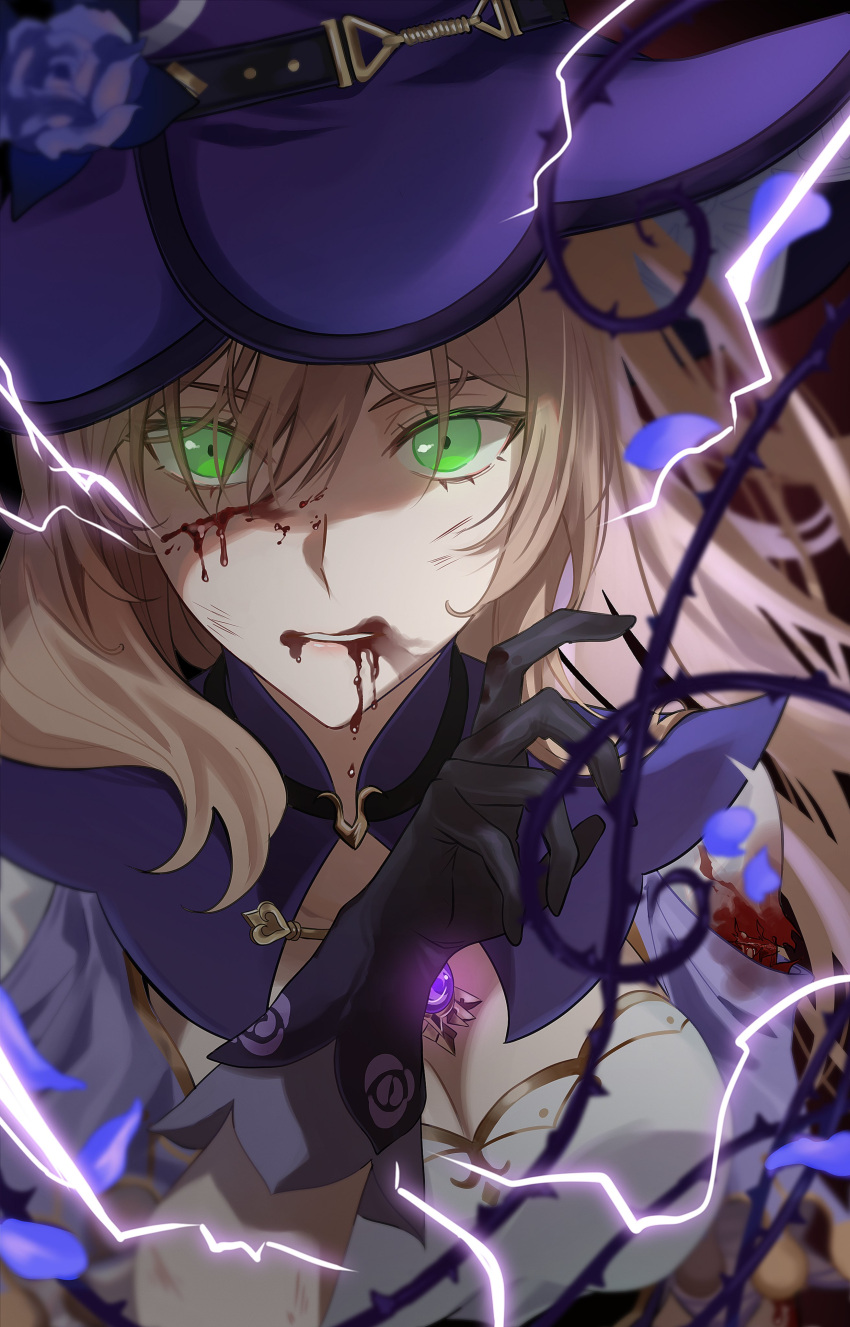 absurdres black_gloves blood blood_from_mouth blood_on_face breasts brown_hair cleavage dress female flower genshin_impact gloves green_eyes hair_between_eyes hair_flower hair_ornament hat hat_belt hat_flower highres injury large_breasts lightning lisa_(genshin_impact) long_hair looking_at_viewer low_tied_hair multicolored_clothes multicolored_dress purple_flower purple_hat purple_rose rose solo vision_(genshin_impact) witch witch_hat yamabuki0211