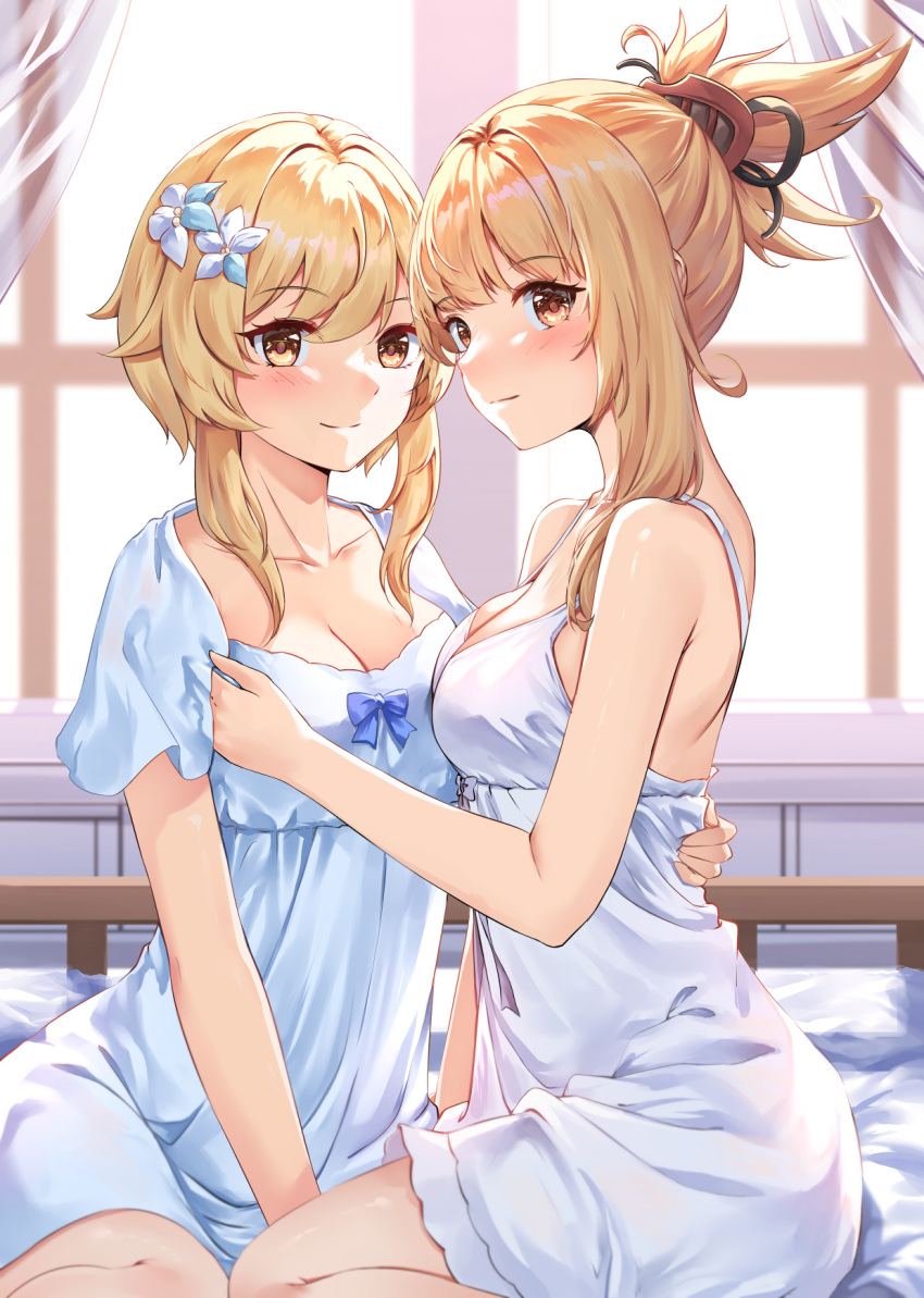 2girls bare_arms bare_shoulders bed_sheet blonde_hair blue_bow blue_dress blush bow breasts brown_eyes chahei chinese_commentary cleavage closed_mouth commentary curtains dress flower genshin_impact hair_flower hair_ornament highres indoors lumine_(genshin_impact) medium_breasts multiple_girls ponytail short_sleeves sidelocks sleeveless sleeveless_dress smile white_dress white_flower window yoimiya_(genshin_impact)