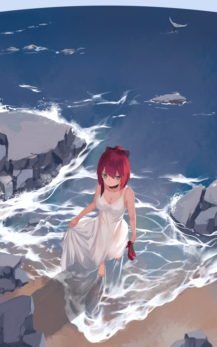 >:) .l.l absurdres bare_arms bare_shoulders barefoot black_bow black_choker bow breasts cetacean_tail choker chucolala cleavage collarbone commentary_request dress female fins fish_tail from_above green_eyes hair_between_eyes hairbow high_heels highres hiseki_erio holding holding_clothes holding_footwear holding_shoes horizon medium_breasts ocean outdoors ponytail red_footwear red_hair revision shoes sleeveless sleeveless_dress solo tail unworn_shoes v-shaped_eyebrows virtual_youtuber walking water white_dress