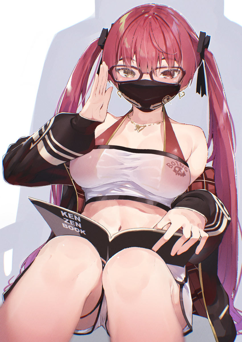 absurdres bare_shoulders bikini black_jacket black_ribbon book breasts cleavage commentary_request earrings female glasses hair_ribbon hand_up heart heart_earrings heterochromia highres hololive houshou_marine houshou_marine_(summer) jacket jewelry koubou_(cowbow_kun) large_breasts long_hair long_sleeves mask mouth_mask official_alternate_costume official_alternate_hair_length official_alternate_hairstyle open_book open_clothes open_jacket puffy_long_sleeves puffy_sleeves red_bikini red_eyes red_hair ribbon see-through see-through_cleavage shorts sitting solo swimsuit twintails very_long_hair virtual_youtuber white_shorts yellow_eyes