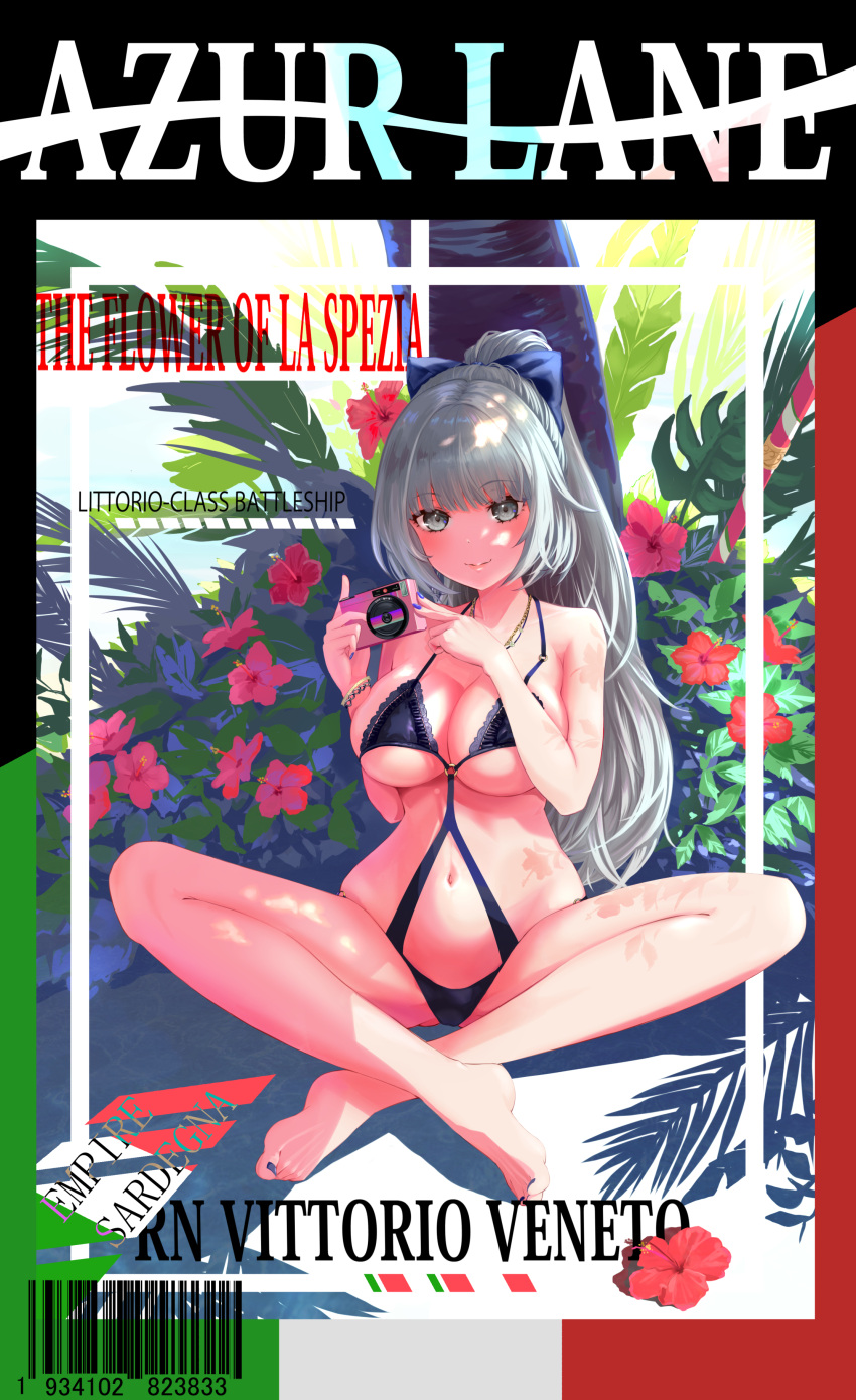 1934 absurdres azur_lane barcode bikini bow breasts camera character_name clothing_cutout commentary_request cover english_text fake_cover fake_magazine_cover female flower full_body grey_eyes grey_hair hairbow high_ponytail highres holding holding_camera italian_flag ito_lab large_breasts looking_at_viewer magazine_cover monokini navel_cutout official_alternate_costume ponytail purple_bow red_flower solo swimsuit vittorio_veneto_(azur_lane) vittorio_veneto_(the_flower_of_la_spezia)_(azur_lane)