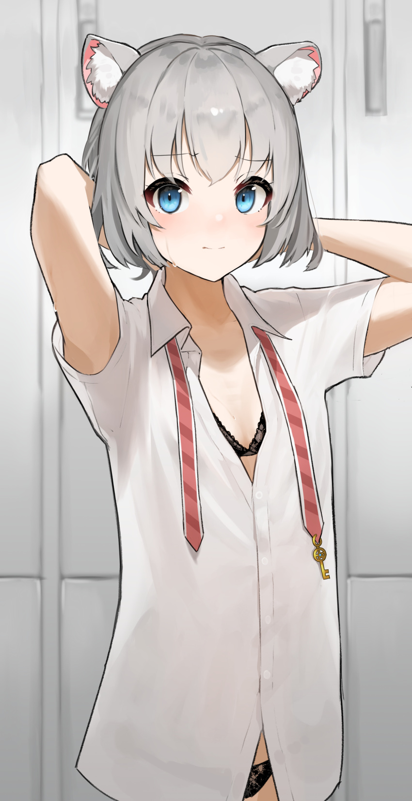 absurdres animal_ear_fluff animal_ears arms_behind_head black_bra black_panties blue_eyes bra closed_mouth collared_shirt commentary commission dress_shirt female grey_hair hands_up highres hoshimi_(virtuareal) locker nijisanji panties pixiv_commission shirt short_sleeves solo standing sweat takita_(takita3411) underwear virtual_youtuber virtuareal white_shirt