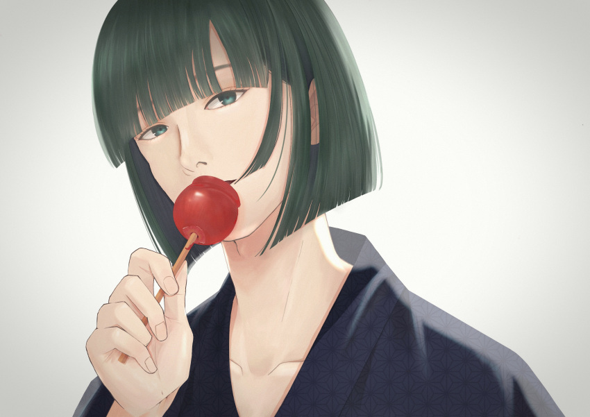 1boy absurdres asa_no_ha_(pattern) backlighting black_hair blue_eyes blue_kimono blunt_bangs bob_cut candy candy_apple collarbone commentary eating food gradient_background hakushi_(szuu2535) hand_up head_tilt highres holding holding_candy holding_food japanese_clothes kimono looking_at_viewer male_focus original portrait solo unmoving_pattern vignetting white_background yukata