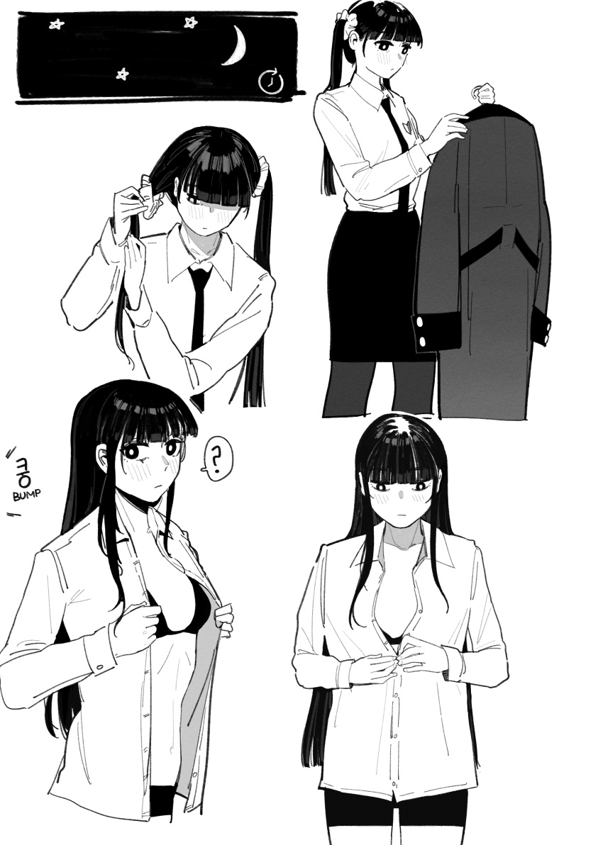 /// 1girls 2d bangs black_and_white black_hair bra button_down_shirt collared_shirt comic comic_page commander_(girls'_frontline) dialogue dress_shirt english_text female female_commander_(girls'_frontline) girls'_frontline greyscale highres huqu jacket korean_text long_hair midriff military_uniform monochrome necktie scrunchie skirt solo solo_female spats stockings text tie twintails underwear uniform