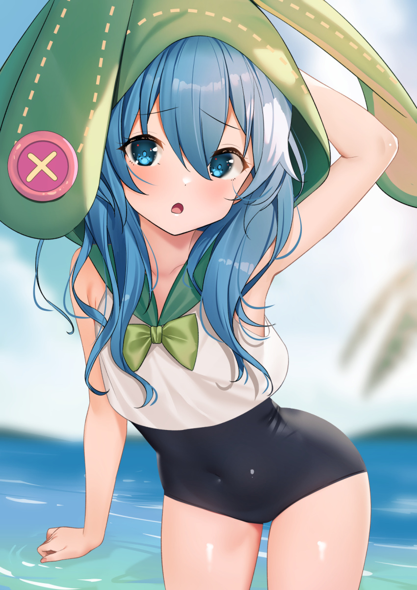 animal_ears arm_behind_head arm_up black_one-piece_swimsuit blue_eyes blue_hair blue_sky blurry blurry_background bow cloud commentary_request commission covered_navel date_a_live day depth_of_field fake_animal_ears female green_bow green_sailor_collar hair_between_eyes highres hood hood_up leaning_forward long_hair looking_at_viewer one-piece_swimsuit outdoors pixiv_commission rabbit_ears sailor_collar school_uniform serafuku shirt sky sleeveless sleeveless_shirt solo standing swimsuit swimsuit_under_clothes water white_shirt yan_(nicknikg) yoshino_(date_a_live)