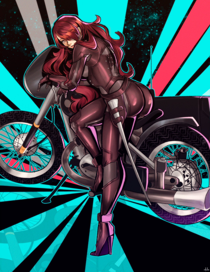 alternate_version_available ass commissioner_upload high_heels high_resolution looking_at_viewer looking_back mitsuru_kirijo motorcycle nico_artooo persona persona_3 pinup_pose red_eyes red_hair skintight_bodysuit thick_ass