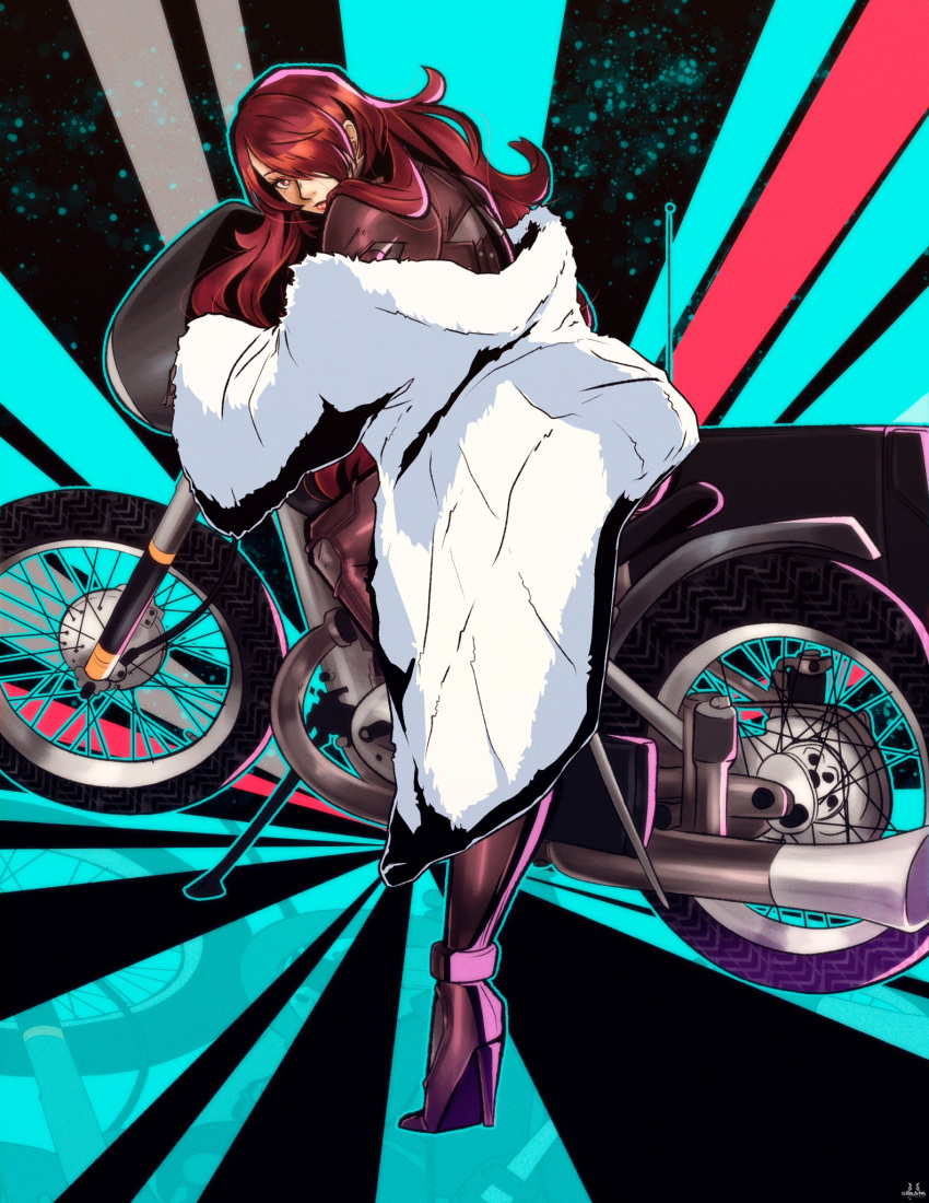 alternate_version_available commissioner_upload fur_coat high_heels high_resolution looking_at_viewer looking_back mitsuru_kirijo motorcycle nico_artooo persona persona_3 pinup_pose red_eyes red_hair