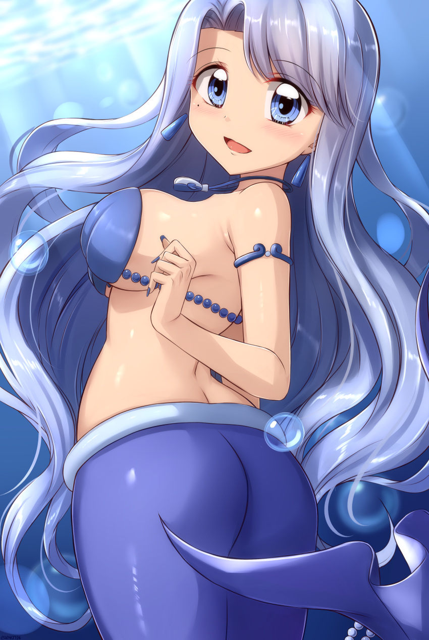 :d absurdres air_bubble armlet ass bare_shoulders bead_tail_ornament blue_eyes blue_hair blue_nails blush breasts bubble cleavage collarbone commentary cowboy_shot earrings female highres jewelry large_breasts light_rays long_hair looking_at_viewer mermaid mermaid_melody_pichi_pichi_pitch mole mole_under_eye monster_girl nail_polish necklace noel_(mermaid_melody_pichi_pichi_pitch) open_mouth parted_bangs shell shell_bikini shell_necklace skywalker0610 smile solo swept_bangs tail tail_ornament twisted_torso underwater