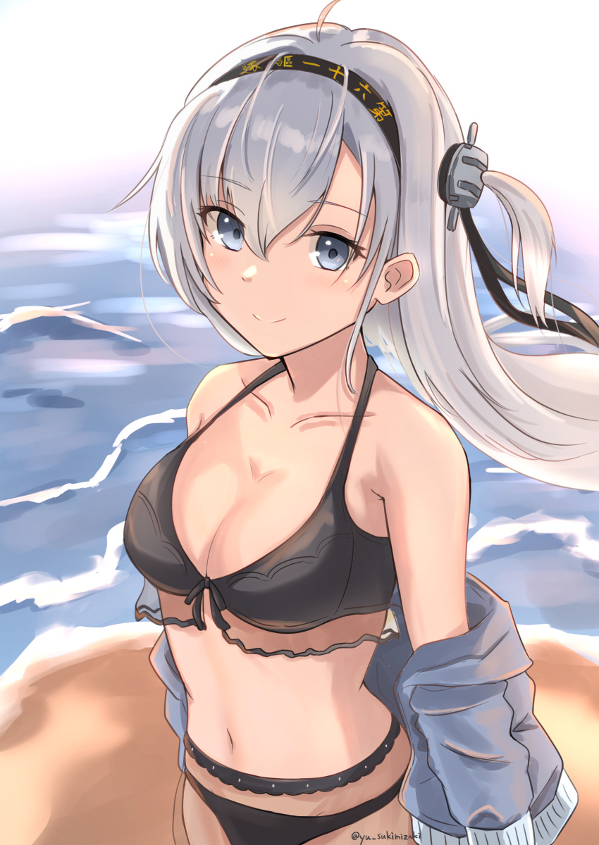 absurdres beach bikini bikini_skirt black_bikini black_headband blush breasts clothes_writing collarbone cowboy_shot day female grey_eyes grey_hair grey_jacket hachimaki hair_between_eyes headband highres jacket kantai_collection long_hair looking_at_viewer medium_breasts ocean one_side_up outdoors sand see-through see-through_skirt skirt smile solo sukimizaki suzutsuki_(kancolle) suzutsuki_(swimsuit_mode)_(kancolle) swimsuit swimsuit_under_clothes