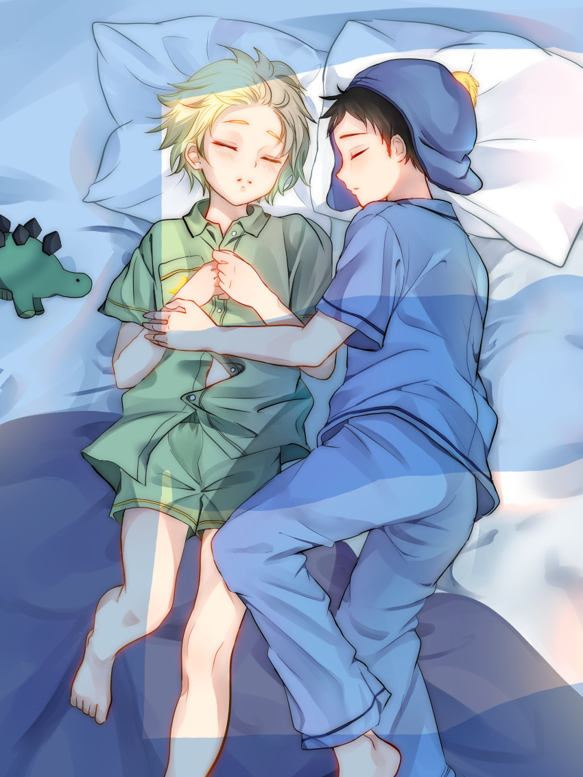 2boys absurdres barefoot bed_sheet bishounen black_hair blonde_hair closed_eyes craig_tucker fabiothedead from_above highres lying male_focus multiple_boys on_back pillow short_hair shorts simple_background sleeping toy_dinosaur tweek_tweak yaoi