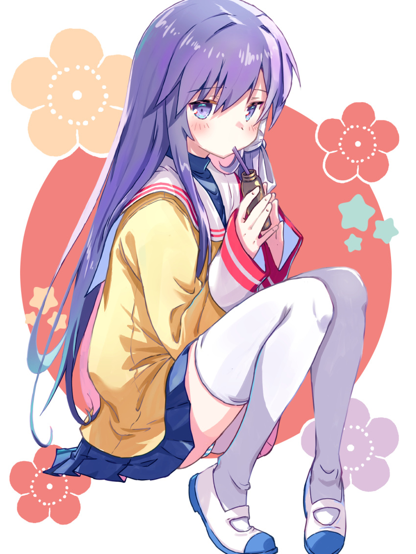 akayama_yukihe blush clannad drinking_straw drinking_straw_in_mouth fujibayashi_kyou highres key_(company) long_hair panties pantyshot pleated_skirt purple_eyes purple_hair shoes skirt striped_clothes striped_panties thighhighs underwear uniform upskirt white_thighhighs