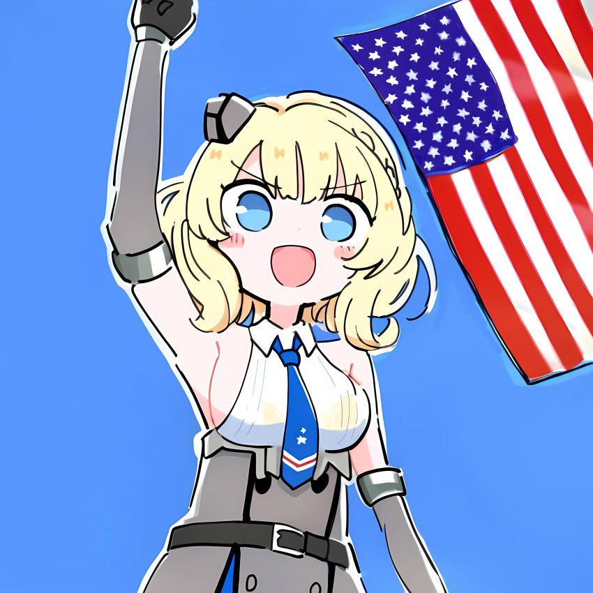 2024_assassination_attempt_of_donald_trump absurdres american_flag arm_up black_gloves blonde_hair blue_background blue_eyes blue_necktie blush breasts clenched_hand collared_shirt colorado_(kancolle) detached_sleeves female garrison_cap gloves grey_hat grey_skirt hat high-waist_skirt highres kantai_collection large_breasts looking_at_viewer medium_hair mini_hat mukiryokup necktie open_mouth parody shirt simple_background skirt sleeveless sleeveless_shirt solo white_shirt