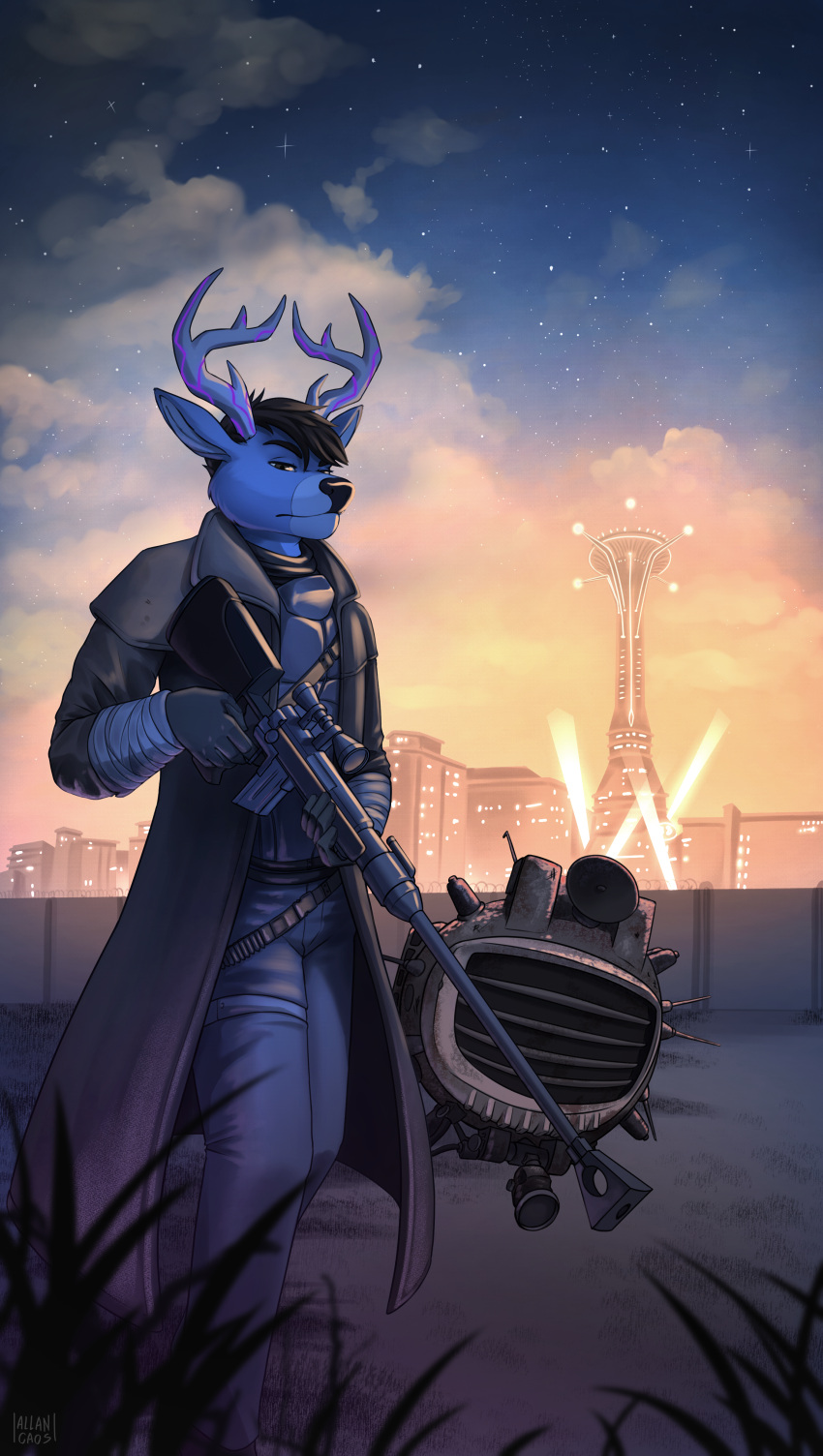 2023 absurd_res antlers city city_background city_lights clothed clothing combat_armor deer digital_drawing_(artwork) digital_media_(artwork) ed-e_(fallout) fallout fur glowing_antlers gun hair hi_res horn looking_at_viewer mammal microsoft new_vegas nonbinary_(lore) ranged_weapon rifle sniper_rifle weapon