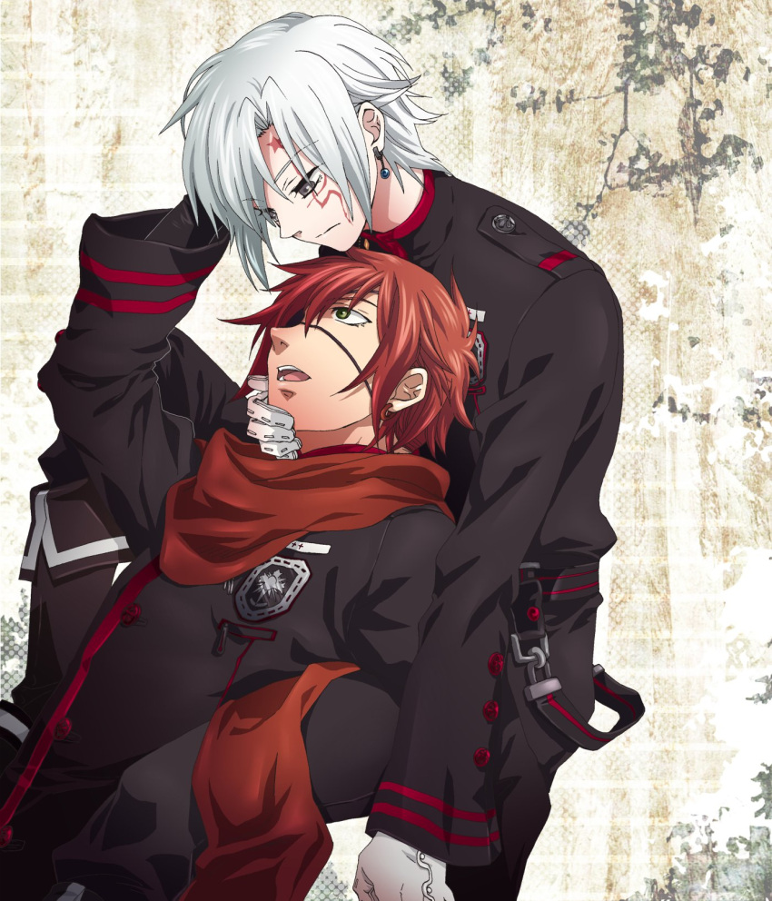 2boys allen_walker black_footwear black_jacket black_pants boots closed_mouth d.gray-man eyepatch facial_mark gloves grey_eyes grey_hair hair_between_eyes hand_in_another's_hair hand_on_another's_chin highres ikuhashi_muiko jacket lavi looking_at_another male_focus multiple_boys open_mouth pants parted_bangs red_hair red_scarf scarf short_hair white_gloves yaoi