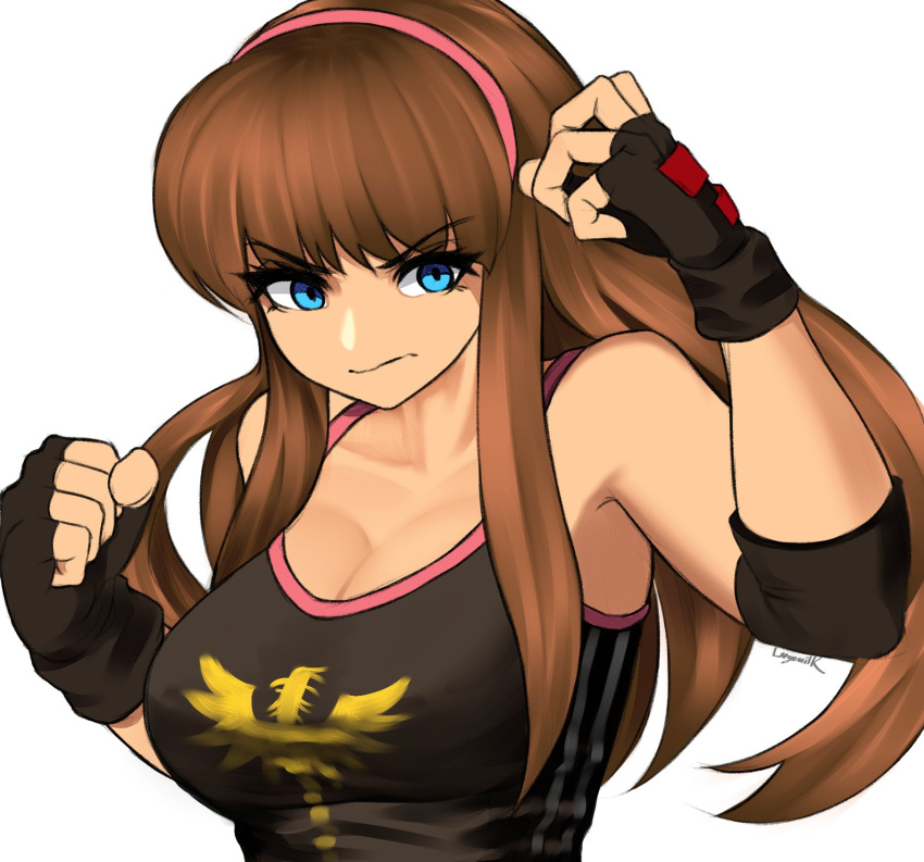 black_gloves black_tank_top blue_eyes breasts brown_hair cleavage clenched_hand collarbone dead_or_alive female fingerless_gloves frown gloves hairband highres hitomi_(doa) largemilk long_hair medium_breasts pink_hairband solo tank_top upper_body v-shaped_eyebrows white_background