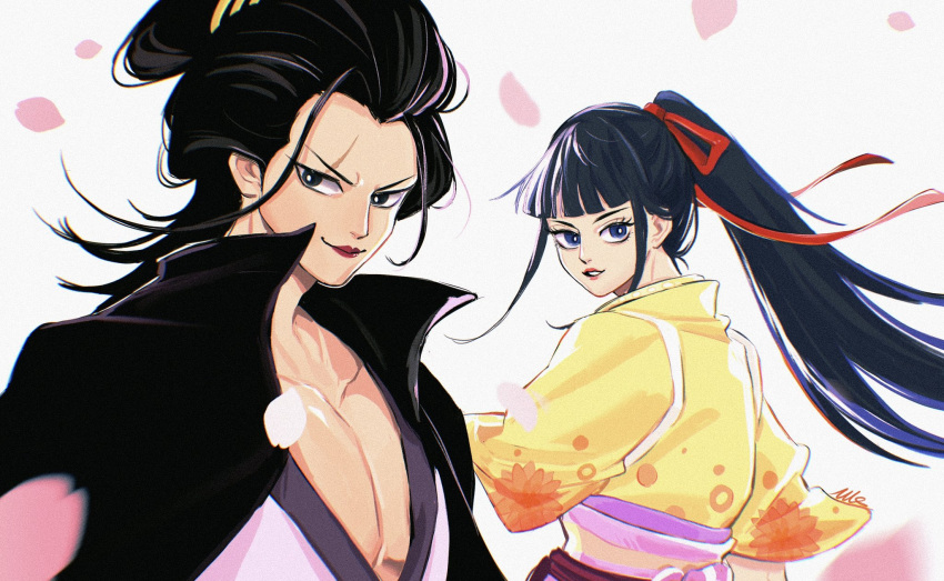 2boys androgynous black_coat black_eyes black_gloves blue_eyes blunt_bangs bright_pupils brothers chonmage closed_mouth coat collarbone eyelashes falling_petals floral_print_kimono gloves hair_ribbon highres izou_(one_piece) japanese_clothes kikunojo_(one_piece) kimono lipstick long_hair makeup male_focus multiple_boys obi obijime one_piece otoko_no_ko parted_lips pectoral_cleavage pectorals petals pink_kimono pink_sash ponytail red_lips red_ribbon ribbon sash scar scar_across_eye short_sleeves siblings smile solo teeth topknot upper_body upper_teeth_only vamos_mk white_pupils yellow_kimono