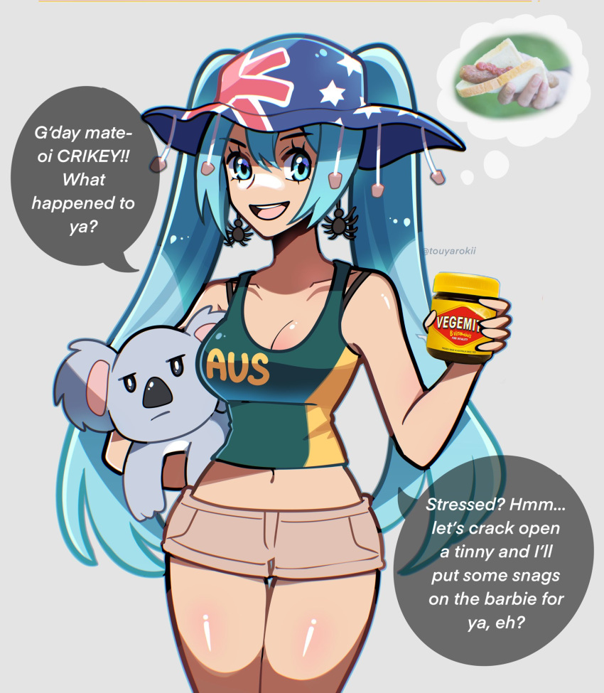 :d animal australian_english_text australian_flag_print bare_arms bare_shoulders blue_eyes blue_hair blue_hat bottle brown_shorts carrying carrying_under_arm collarbone commentary crop_top earrings english_commentary female food green_tank_top grey_background hair_between_eyes hat hatsune_miku highres holding holding_bottle jewelry jitome koala long_hair midriff navel print_headwear short_shorts shorts simple_background smile solo spider_earrings tank_top touyarokii twintails twitter_username vegemite very_long_hair vocaloid