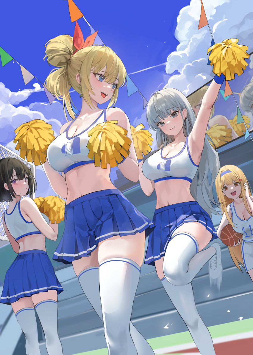 4girls absurdres armpits ball bare_shoulders basketball_(object) black_hair blonde_hair blue_eyes blue_skirt breasts cheerleader cleavage cloud copyright_request earrings hair_ornament hair_ribbon hairpin headband highres jewelry jumbotron korean_commentary large_breasts lillly long_hair looking_at_viewer looking_back midriff multiple_girls navel orange_eyes pennant pleated_skirt pom_pom_(cheerleading) purple_eyes ribbon second-party_source shirt skirt sky stadium standing standing_on_one_leg thighhighs volleyball_net white_footwear white_hair white_shirt white_thighhighs zettai_ryouiki