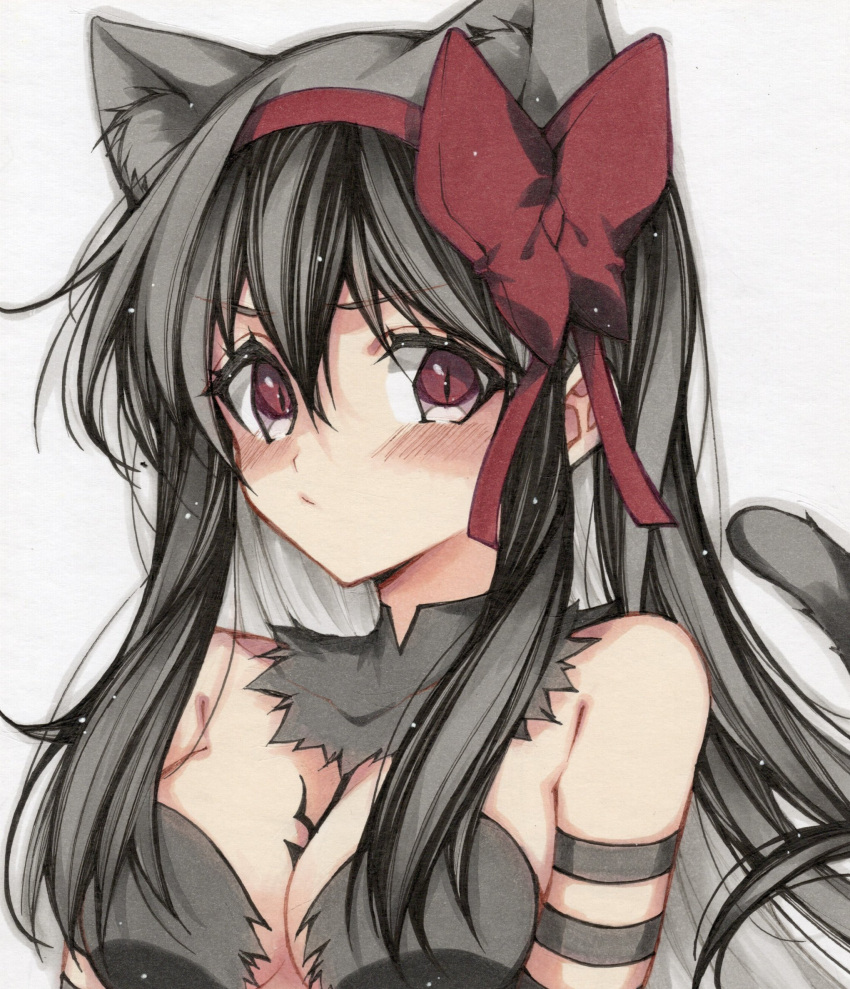 :/ akemi_homura akuma_homura animal_ears black_hair blush bow breasts cat_ears cat_tail cleavage closed_mouth female hairband hairbow highres long_hair looking_at_viewer mahou_shoujo_madoka_magica mahou_shoujo_madoka_magica:_hangyaku_no_monogatari marker_(medium) misteor red_bow solo tail traditional_media upper_body