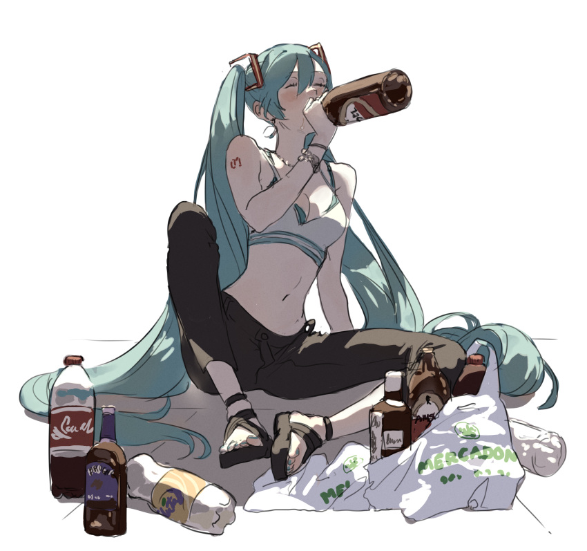 absurdres ai-wa alcohol aqua_bra aqua_hair aqua_nails bare_arms beer black_pants blue_hair bra bracelet breasts closed_eyes coca-cola drinking fanta female hatsune_miku highres jewelry long_hair medium_breasts mercadona nail_polish necklace pants sandals sitting solo sports_bra twintails underwear very_long_hair vocaloid white_sports_bra