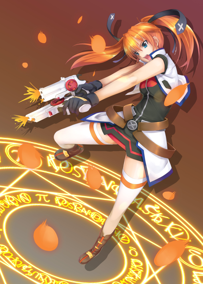 absurdres blue_eyes cross_mirage dual_wielding female full_body gun highres holding lyrical_nanoha mahou_shoujo_lyrical_nanoha_strikers mikazuki_akira! non-web_source orange_hair ribbon solo teana_lanster thighhighs twintails weapon weiss_schwarz