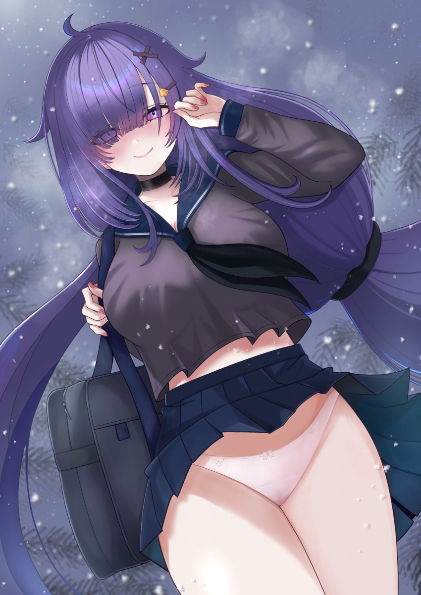 alternate_costume azur_lane bag black_choker black_serafuku black_skirt breasts choker commission dutch_angle eyes_visible_through_hair female hair_ornament highres large_breasts long_hair long_sleeves looking_at_viewer miniskirt mogador_(azur_lane) panties pantyshot pixiv_commission pleated_skirt purple_eyes purple_hair riku_amano1018 school_bag school_uniform serafuku skirt snowing solo underwear very_long_hair white_panties winter x_hair_ornament