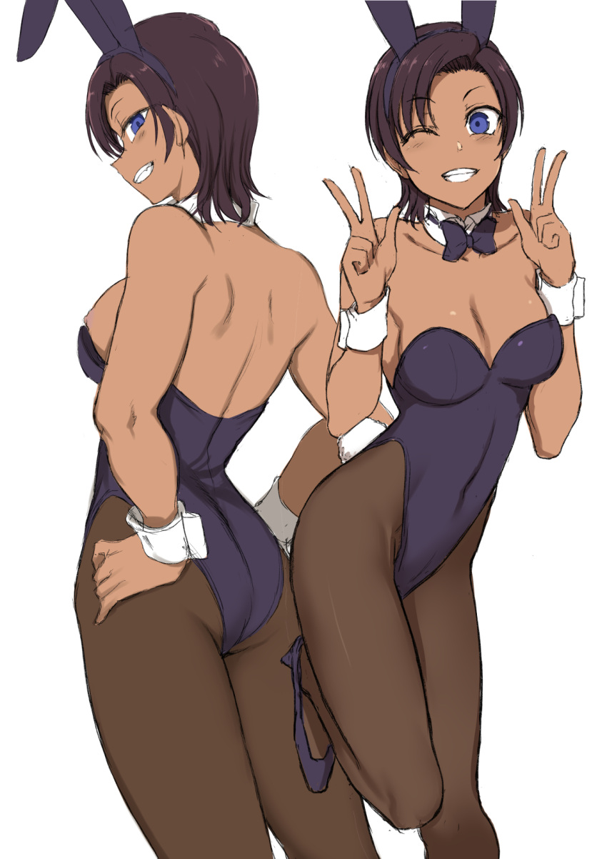 aiue_oka animal_ears ass black_bow black_bowtie black_hair black_leotard black_pantyhose blue_eyes bow bowtie breasts cleavage dark-skinned_female dark_skin detached_collar double_v female grin hands_on_own_hips highleg highleg_leotard highres hinata_sae ijirare_~fukushuu_saimin~ leotard medium_breasts multiple_views pantyhose playboy_bunny rabbit_ears rabbit_tail short_hair smile strapless strapless_leotard tail v wrist_cuffs