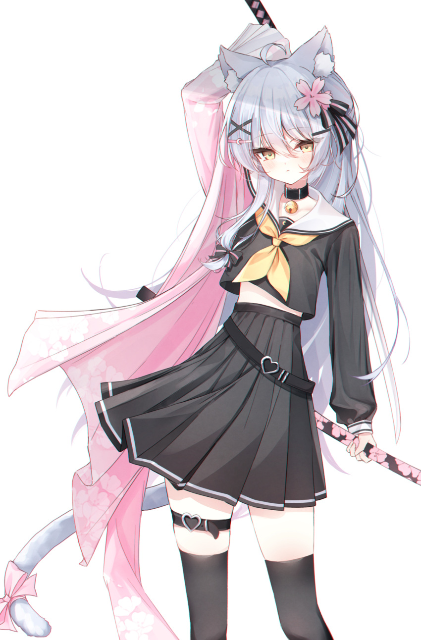 ahoge animal_ear_fluff animal_ears beliatan black_serafuku black_shirt black_skirt black_thighhighs blush cat_ears cat_girl choker commission female hair_ornament highres indie_virtual_youtuber long_hair looking_at_viewer pixiv_commission school_uniform serafuku shirt skirt thighhighs virtual_youtuber white_hair x_hair_ornament yazuki_(vtuber) yellow_eyes