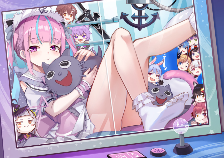 +_+ 6+girls :> :3 ahoge anchor_print anchor_symbol animal_ear_fluff animal_ears aqua_hair arm_ribbon backwards_hat black_gloves black_hair black_hoodie black_horns blue_eyes blue_gemstone blue_hair blush blush_stickers bone_hair_ornament braid brown_eyes brown_hair capelet cat_ears cat_girl cat_tail checkered_clothes checkered_headwear cheek_on_glass cheek_press closed_mouth collar commentary controller crane_game demon_girl demon_horns dog_ears dog_girl dress elucidator fangs frilled_socks frills fur_scarf gem gloves green_eyes green_hat grey_hair grey_shirt hair_ornament hair_ribbon hairclip hat heterochromia highres hololive hood hoodie horns hoshimachi_suisei houshou_marine houshou_marine_(1st_costume) in_crane_game inugami_korone inugami_korone_(1st_costume) jacket joystick knees knees_up legs long_hair looking_at_viewer looking_to_the_side maid maid_headdress minato_aqua multicolored_hair multiple_girls murasaki_shion murasaki_shion_(1st_costume) nakiri_ayame neko_(minato_aqua) nekomata_okayu nekomata_okayu_(1st_costume) oerba_yun_fang official_alternate_costume official_alternate_hairstyle one_eye_closed oni onigiri_print ookami_mio oozora_subaru oozora_subaru_(1st_costume) open_mouth orange_eyes pink_dress pink_eyes pink_hair pink_ribbon pink_wrist_cuffs polka_dot_pillow purple_capelet purple_eyes purple_hair purple_hat rabbit_ears rabbit_girl red_eyes red_hair red_hat red_ribbon ribbon salute shirt short_eyebrows short_sleeves sitting skin-covered_horns skin_fang smile socks solo_focus sparkling_eyes star_(symbol) streaked_hair striped_clothes striped_shirt striped_wrist_cuffs sword sword_art_online tail teeth thighs toes tokoyami_towa twintails two-tone_hair upper_teeth_only usada_pekora usada_pekora_(1st_costume) vertical-striped_clothes vertical-striped_shirt virtual_youtuber weapon weight white_collar white_hair white_hat white_headdress white_socks witch_hat wolf_ears wolf_girl wrist_cuffs yellow_eyes yellow_jacket yoshikawa_hiro yuzuki_choco