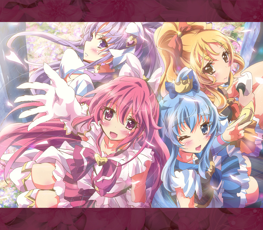 4girls :d ;d aino_megumi blonde_hair blue_bow blue_eyes blue_hair blue_skirt blush bow brooch commentary_request crown crown_bow cure_fortune cure_honey cure_lovely cure_princess earrings eyelashes forever_lovely gloves gold_crown hair_ornament hairbow happinesscharge_precure! heart heart_brooch heart_hair_ornament highres hikawa_iona inoshishi_(ikatomo) jewelry letterboxed long_hair looking_at_viewer magical_girl multiple_girls one_eye_closed oomori_yuuko open_mouth outstretched_arm outstretched_hand pink_bow pink_eyes pink_hair pink_skirt pointed_crown ponytail precure purple_eyes purple_hair ribbon shirayuki_hime skirt smile thighhighs twintails very_long_hair white_gloves white_legwear wrist_cuffs yellow_eyes zettai_ryouiki