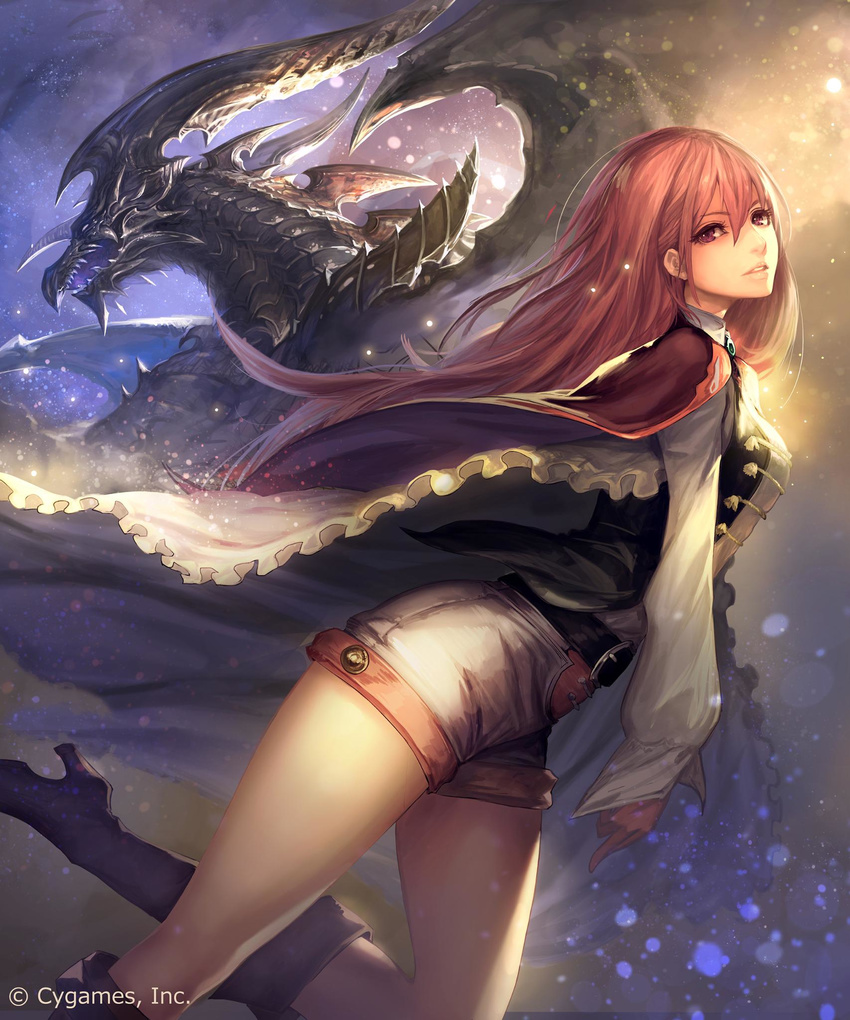 1other amira_(shingeki_no_bahamut) bahamut_(shingeki_no_bahamut) belt black_belt blank_eyes boots capelet commentary_request cygames dragon dragon_horns dragon_wings female frills from_side giant giant_monster hair_between_eyes head_tilt height_difference highres horns long_hair looking_at_viewer monster open_mouth pink_eyes pink_hair scales sharp_teeth shingeki_no_bahamut shingeki_no_bahamut:_genesis shorts size_difference spines tachikawa_mushimaro teeth thighhighs thighs twitter_username upper_teeth_only white_shorts wings