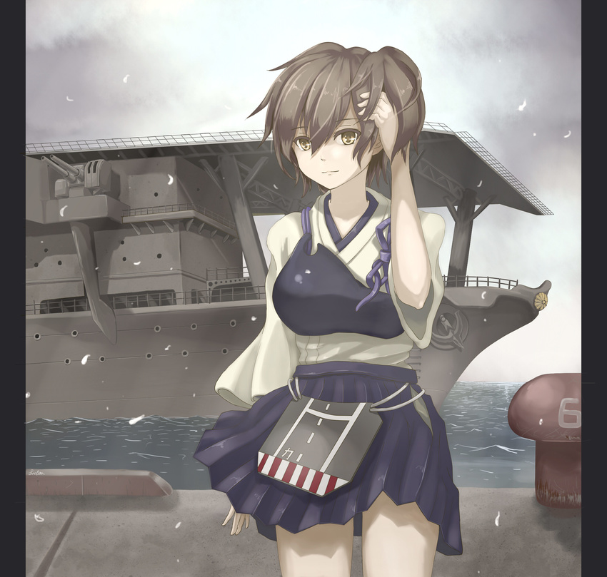 aircraft_carrier anti-aircraft_gun blouse bollard brown_hair cherry_blossoms commentary_request female fiction_(forged) highres historical_name_connection japanese_clothes kaga_(aircraft_carrier) kaga_(kancolle) kantai_collection military military_vehicle muneate name_connection object_namesake petals pillarboxed revision ship shipyard shirt short_hair side_ponytail skirt smile solo vehicle_and_personification warship water watercraft