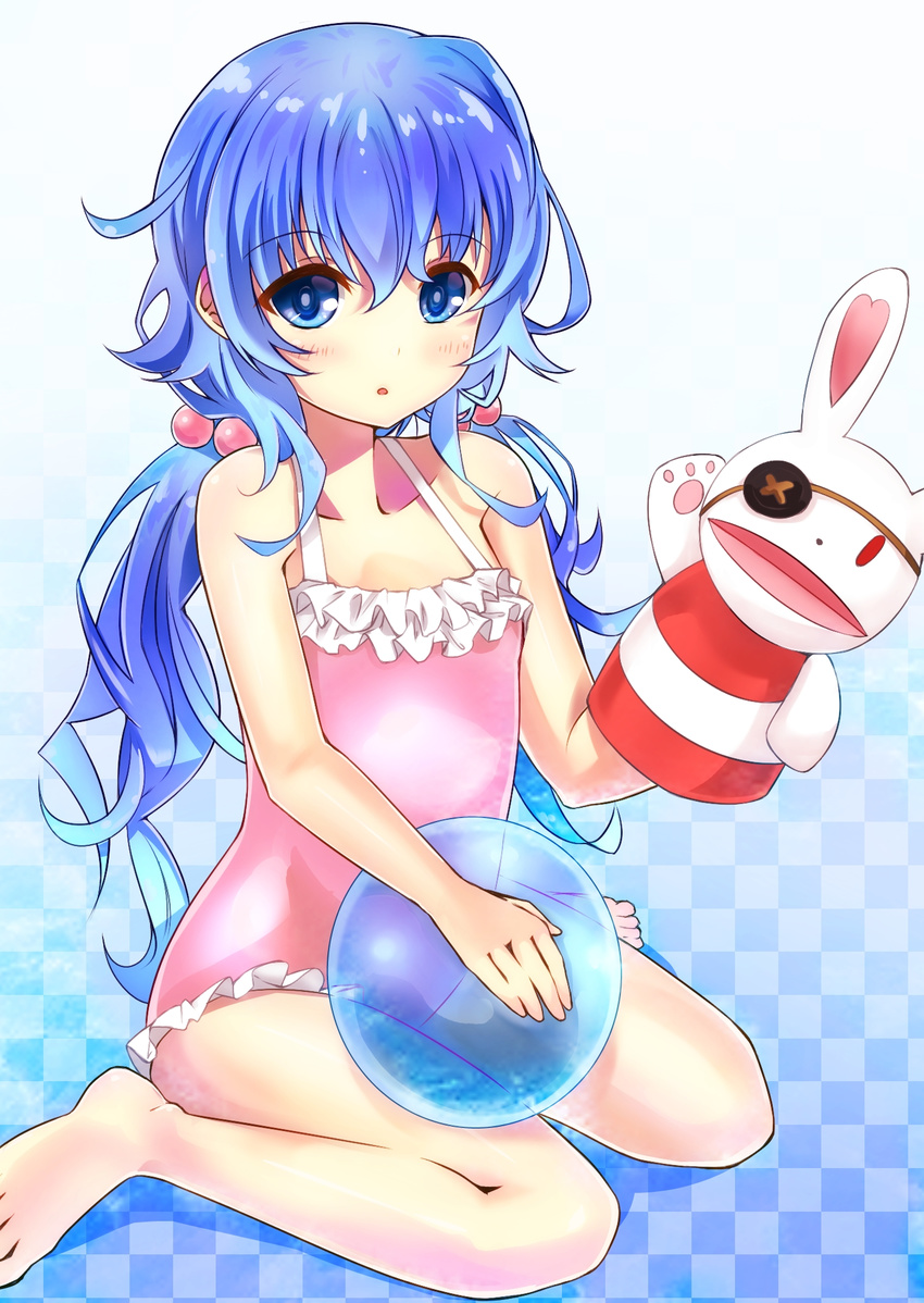 ameyoshi blue_eyes blue_hair casual_one-piece_swimsuit commentary_request date_a_live female hand_puppet highres one-piece_swimsuit puppet rabbit sitting stuffed_animal stuffed_rabbit stuffed_toy swimsuit wariza yoshino_(date_a_live) yoshinon