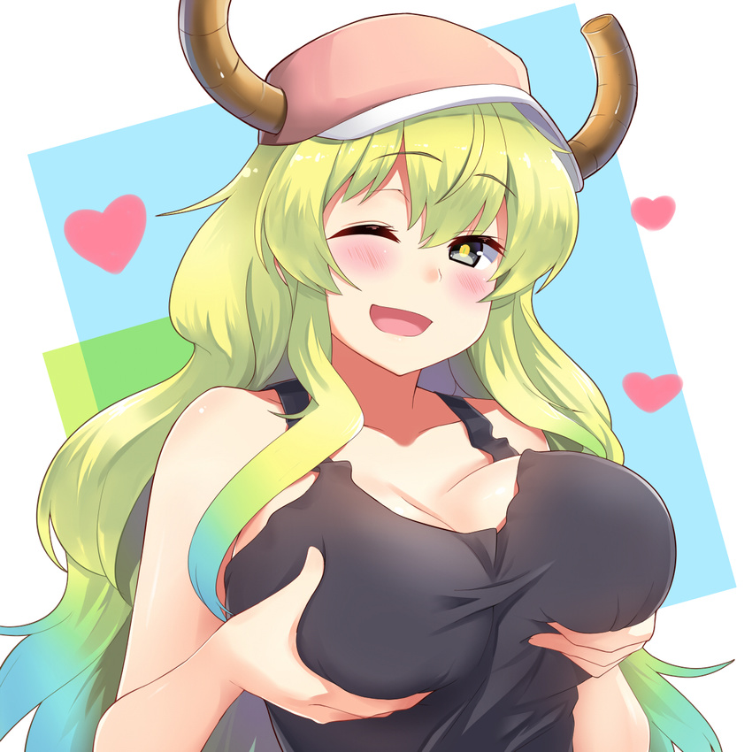 ;d bad_bcy_id bad_id bare_shoulders baseball_cap black_shirt blonde_hair blue_hair blush breast_hold breasts cleavage collarbone dragon_girl dragon_horns female grabbing_own_breast gradient_eyes gradient_hair green_hair hair_between_eyes hands_up hat heart highres horns horns_through_headwear kobayashi-san_chi_no_maidragon large_breasts long_hair looking_at_viewer lucoa_(maidragon) multicolored_eyes multicolored_hair one_eye_closed open_mouth pink_hat purple_eyes shirt sleeveless slit_pupils smile solo subaru_(794829485) tank_top unusually_open_eyes upper_body wavy_hair yellow_eyes yellow_pupils