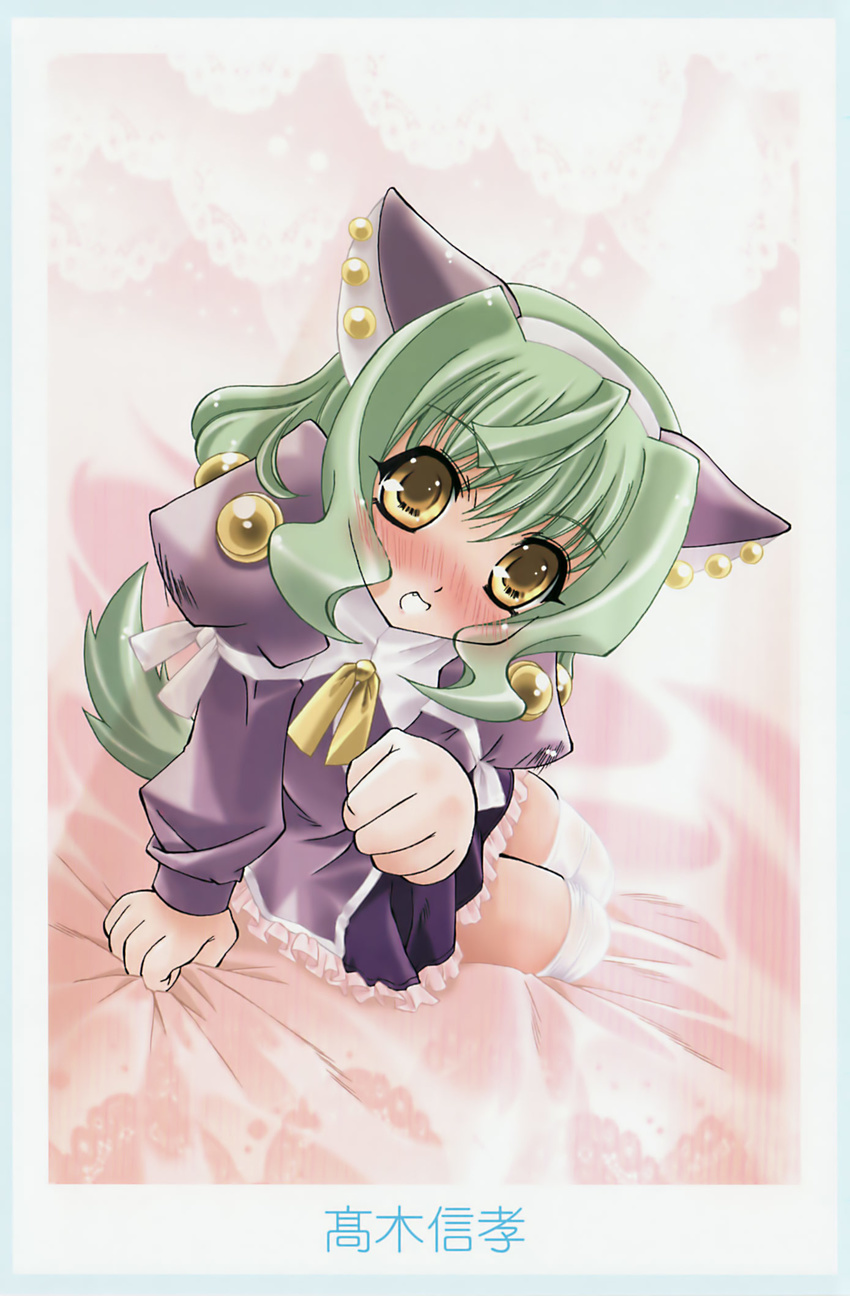 :d animal_ears artist_name blush border cat_ears doily dutch_angle fake_animal_ears female frilled_skirt frills full-face_blush green_hair highres kyoushirou_to_towa_no_sora long_sleeves looking_at_viewer on_bed open_mouth paw_pose puffy_long_sleeves puffy_sleeves purple_skirt scan short_hair sitting skirt smile solo tail takagi_nobuyuki tarlotte thighhighs white_thighhighs yellow_eyes zettai_ryouiki