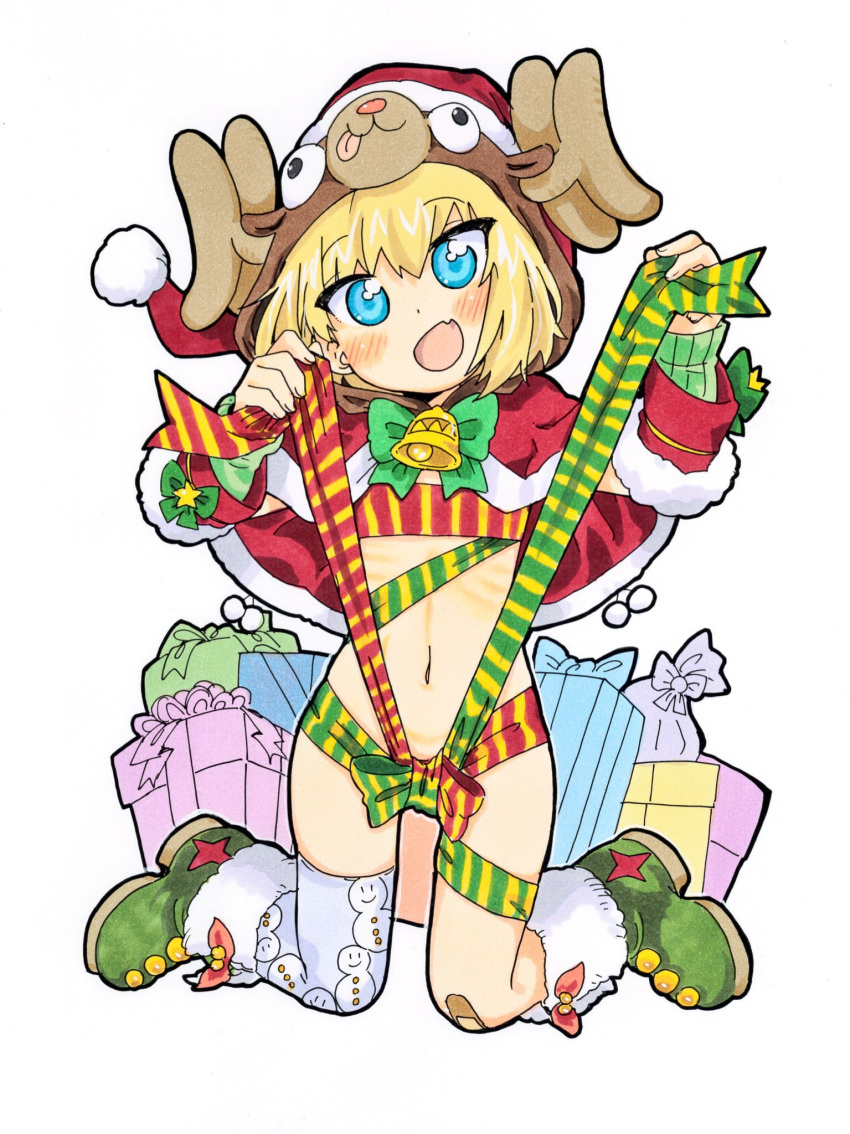 animal_hood bandaid bandaid_on_knee bandaid_on_leg bell bikini blush boots bow bowtie capelet christmas commentary fanta_(the_banana_pistols) female full_body fur-trimmed_boots fur_trim gift girls_und_panzer green_bow green_bowtie green_footwear hat head_tilt highres holding holding_plate hood jingle_bell katyusha_(girls_und_panzer) kneeling long_sleeves looking_at_viewer naked_ribbon navel oerba_yun_fang open_mouth plate print_thighhighs red_capelet red_hat reindeer_hood ribbon santa_bikini santa_costume santa_hat short_hair single_thighhigh skindentation smile snowman_print solo swimsuit thighhighs traditional_media white_thighhighs