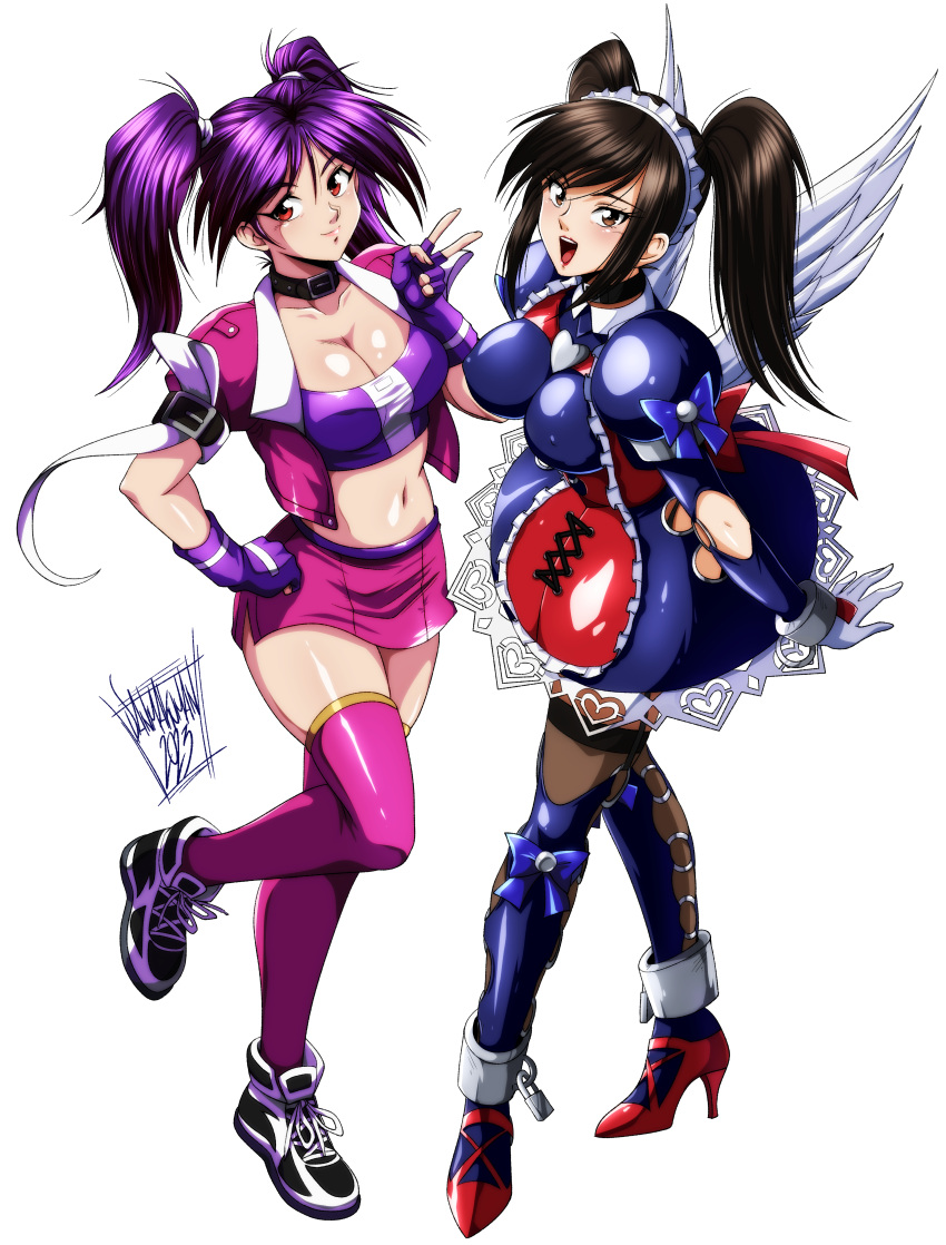 2girls absurdres armor armored_dress black_collar black_hair bloody_roar bloody_roar_3 blue_bow bow brown_eyes collar commission commissioner_upload covered_nipples crossover danmakuman dress fighting_vipers full_body hands_on_own_hips highres honey_(fighting_vipers) jacket lace_trim midriff multiple_girls non-web_source purple_hair red_eyes signature skirt thighhighs tsukagami_alice twintails v